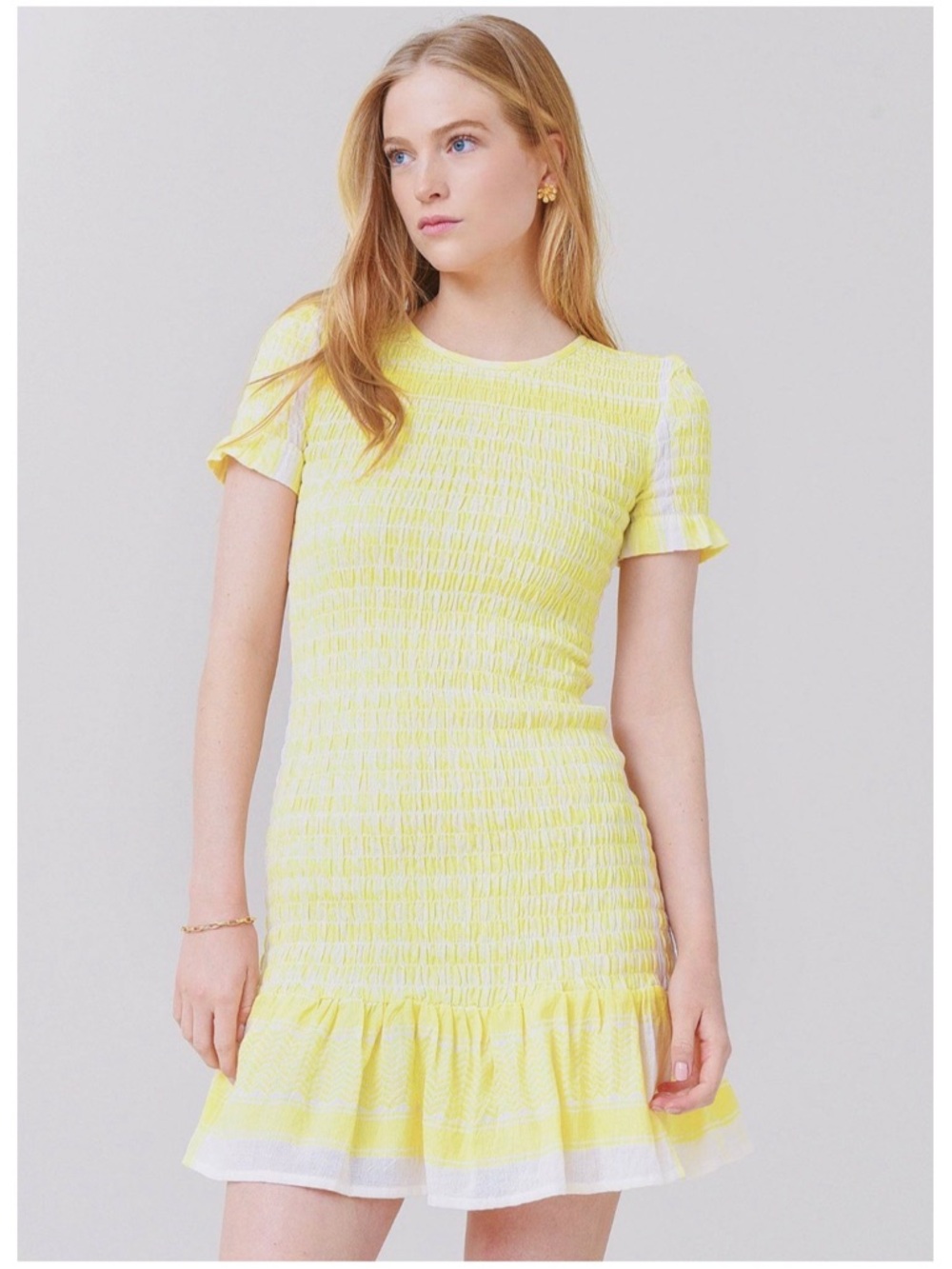 Summery Copenhagen Women’s NWOT Sz XS Yellow White Smocked Ruffle Celine Dress